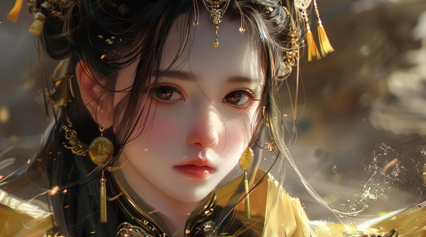 一个穿着金色衣服的女性中国美女大眼睛，黑色浪漫插图的风格