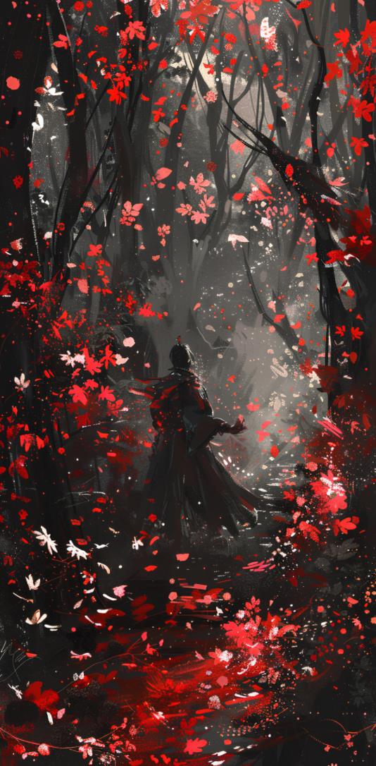 一幅黑色和红色的森林中幻想人物画，采用夜芯风格