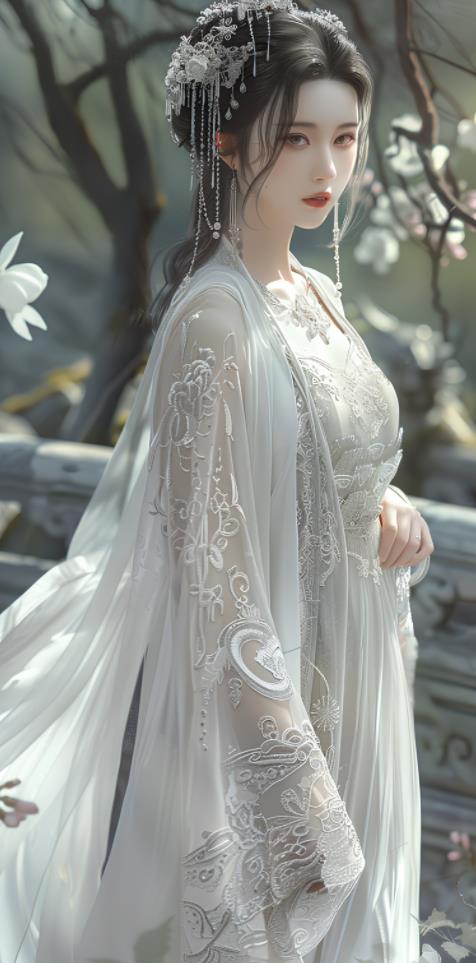 一位优雅的美女穿着一条精致的连衣裙，裙身由纯洁的白色蕾丝和细节精美的刺绣构成