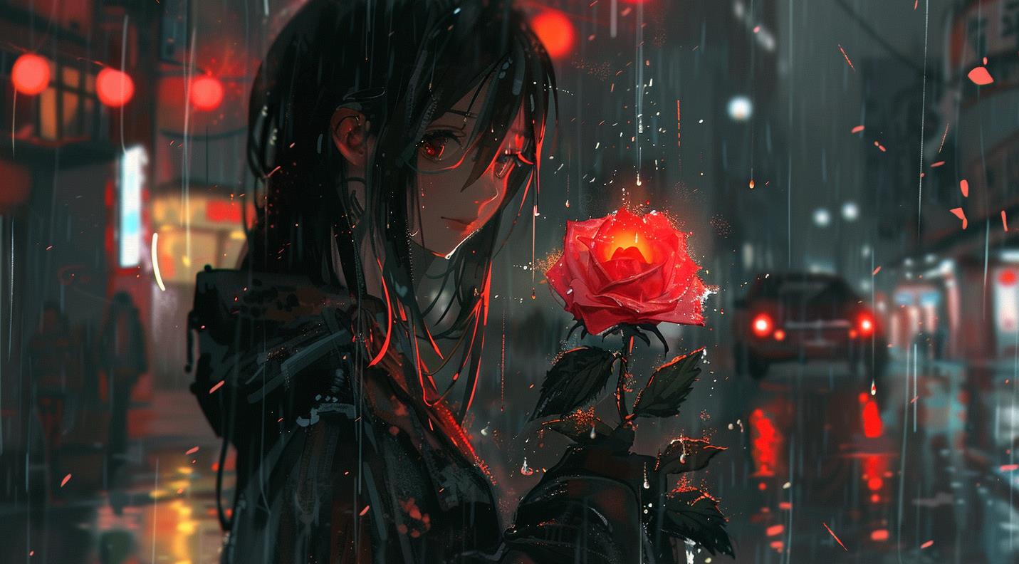 一个女孩在雨中拿着一朵动漫玫瑰，呈深祖母绿和红色的风格