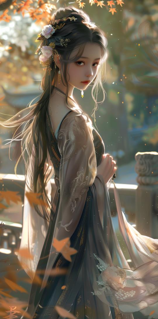 一个穿着长裙的中国古风动漫美女，她有一双大眼睛，绽放出独特的魅力