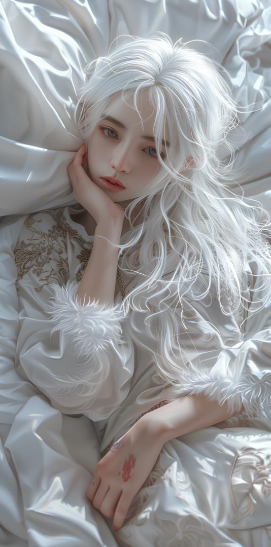 披着绒毛睡衣躺在床上的白发女孩，她眼中闪烁着一丝迷离的神采