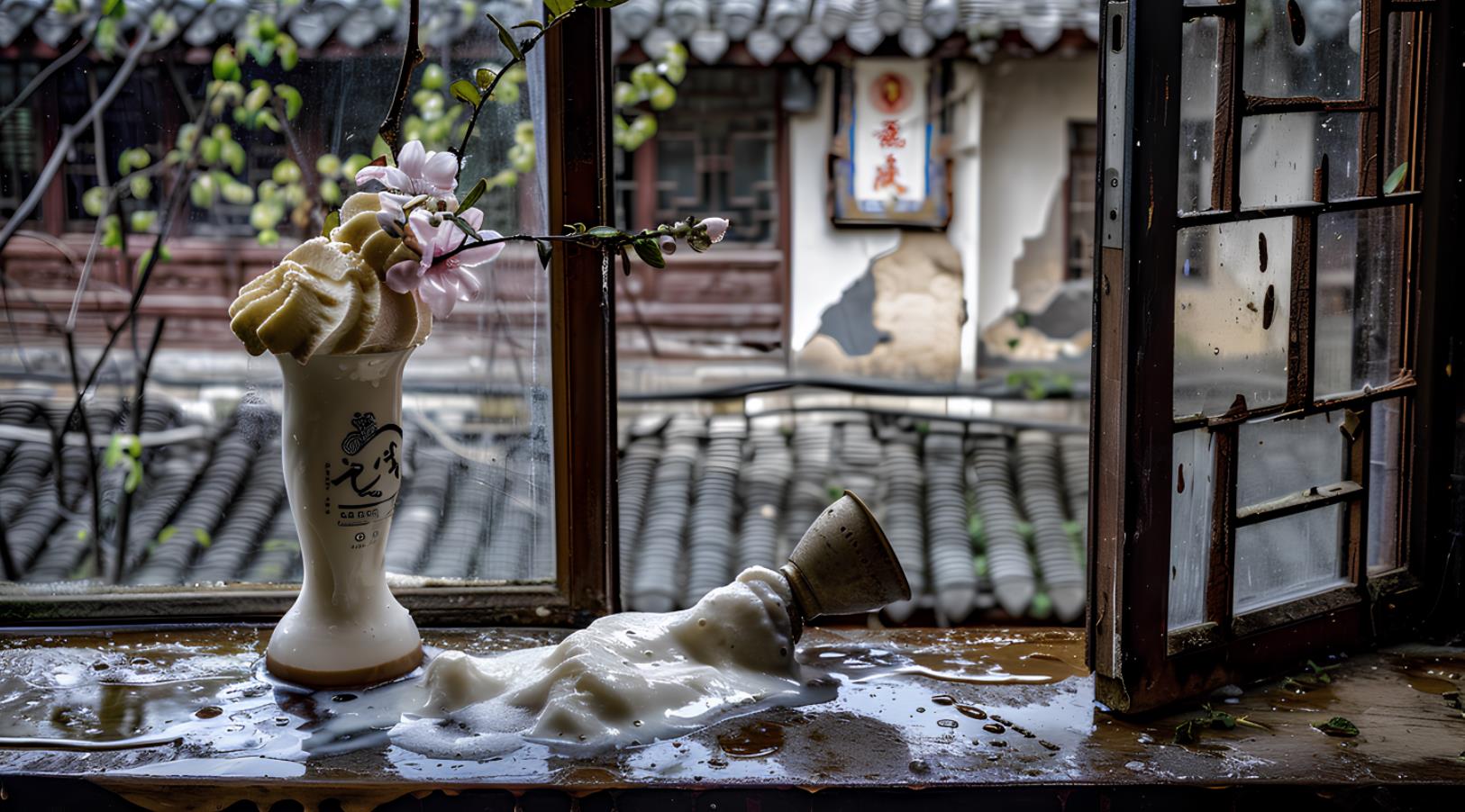 窗台上的奈拉冰淇淋，中国朋克风格，超现实的水