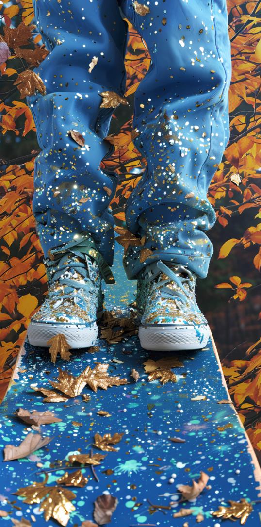 在一些树叶前，脚趾上涂上蓝色油漆，颜色像五彩纸屑一样