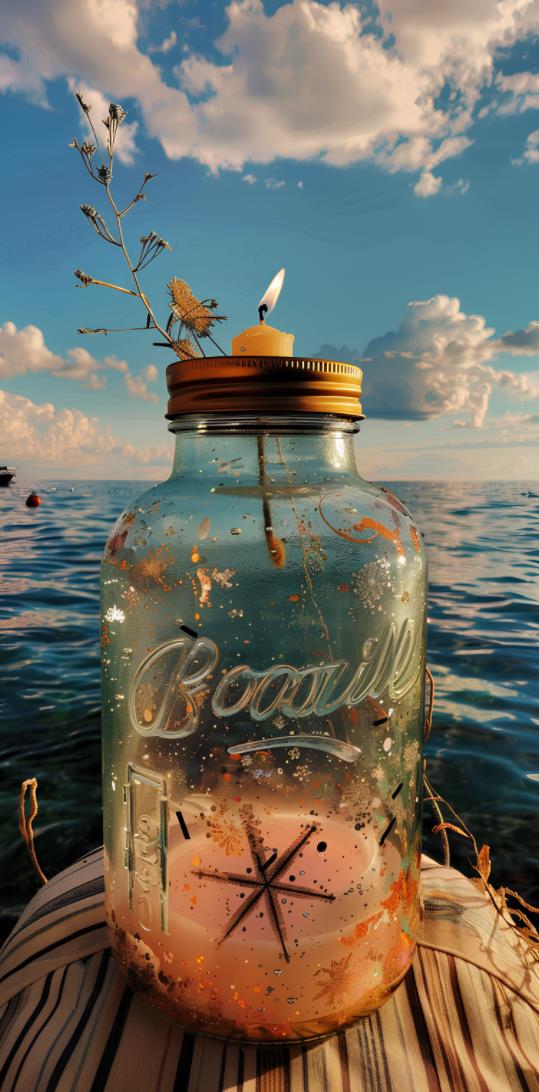 一个玻璃罐，在海洋旁边有一支蜡烛，采用点画风格