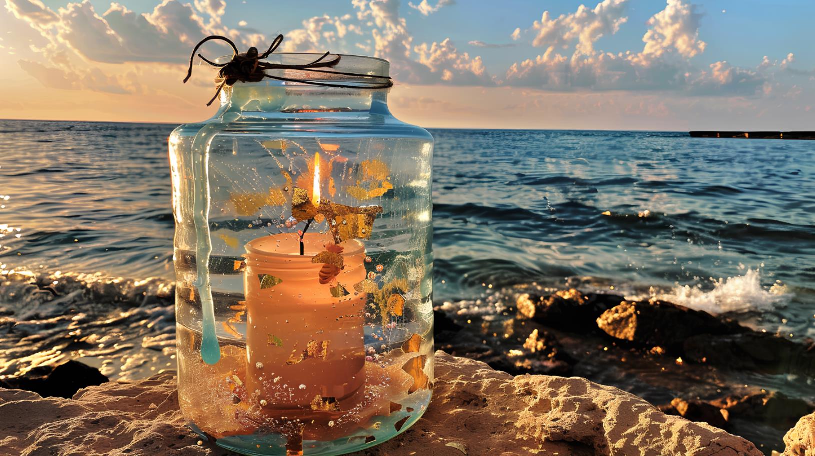一个玻璃罐，在海洋旁边有一支蜡烛，采用点画风格