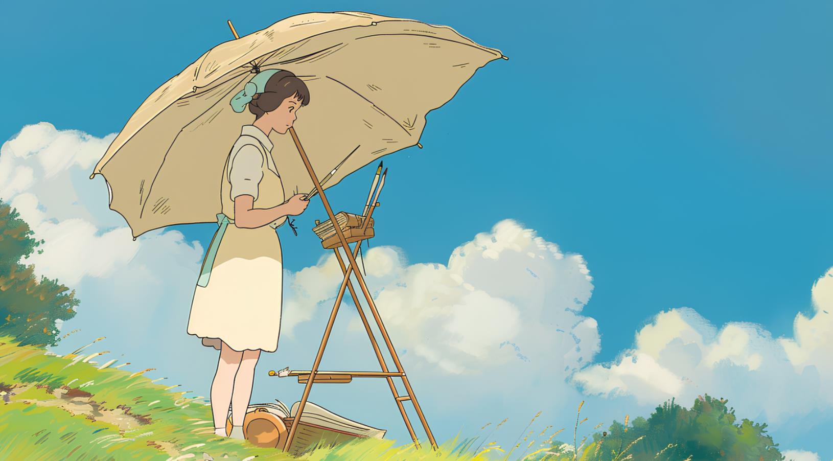 宫崎骏 画画女孩 一个女人站在开阔的田野上，挨着一把小伞