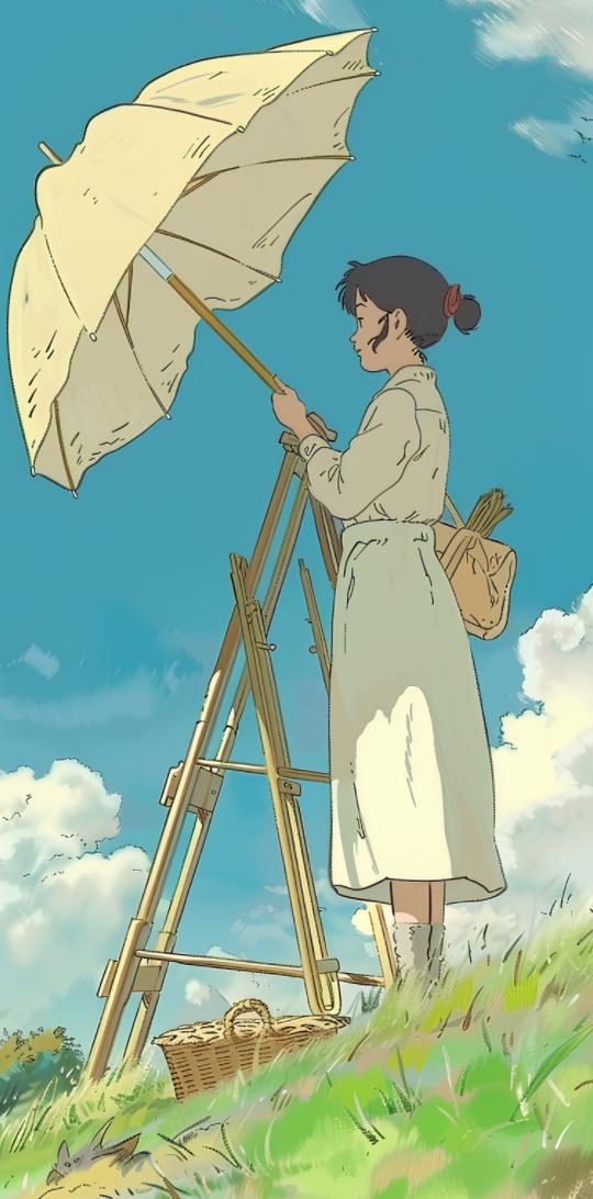 宫崎骏 画画女孩 一个女人站在开阔的田野上，挨着一把小伞