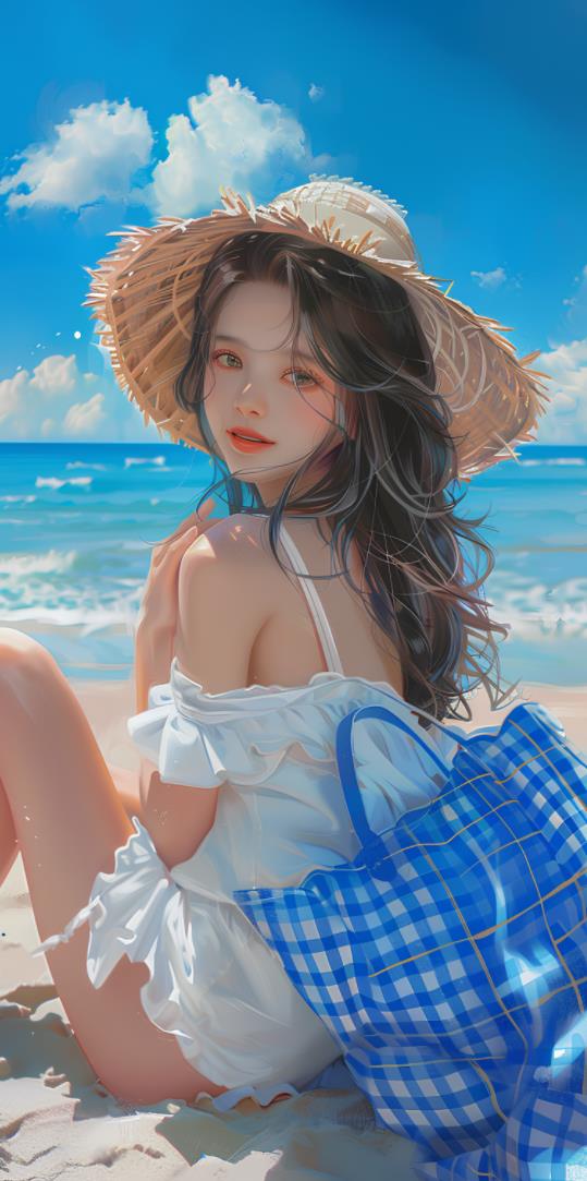 坐在海滩上的女孩拿着蓝色方格布印花的沙滩包