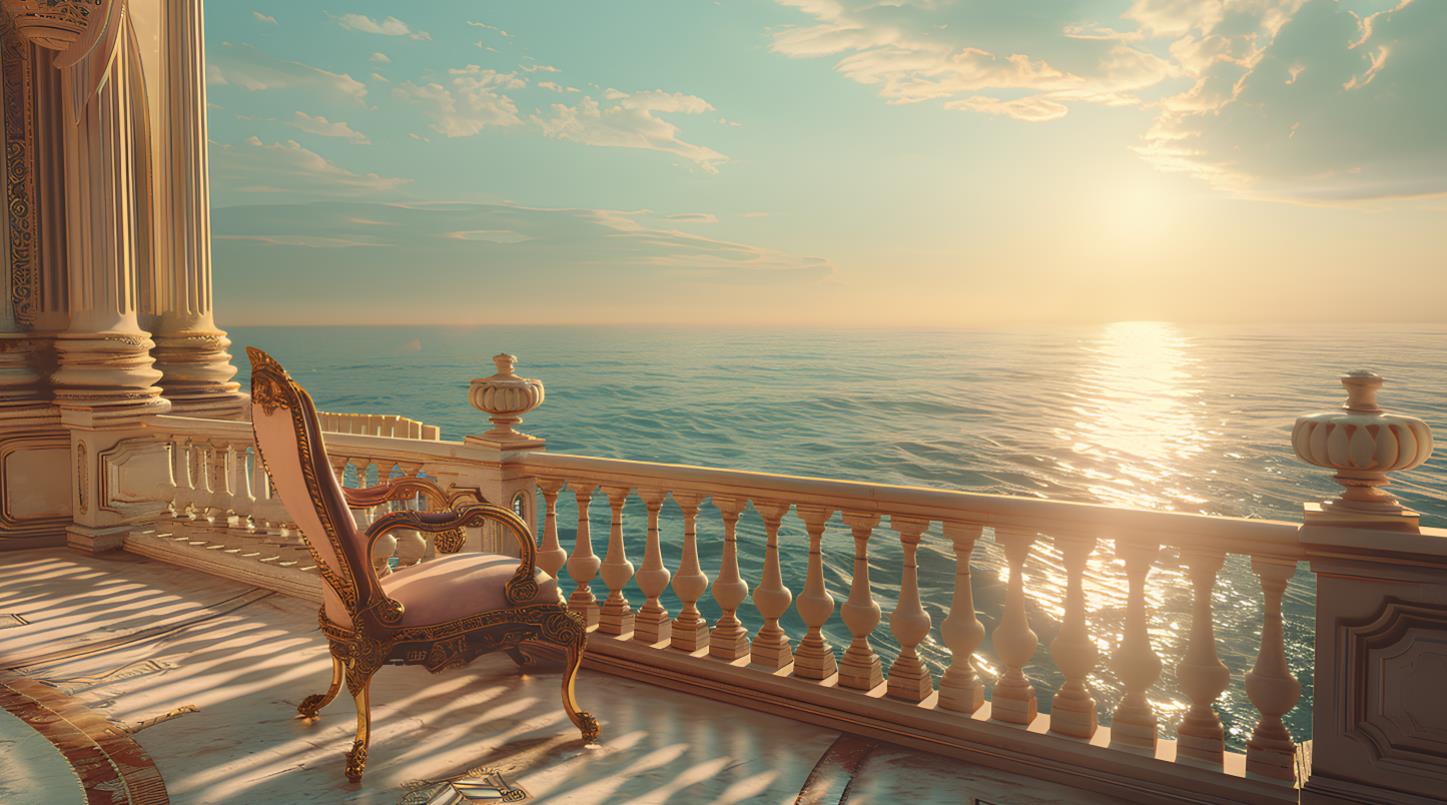 椅子，从阳台上观察美丽的景色，巴洛克海上