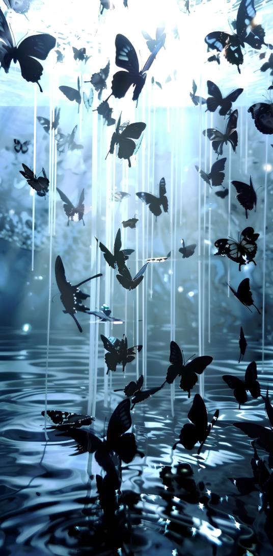 一个满是蝴蝶在空中飞翔的池塘，具有动漫美学的风格