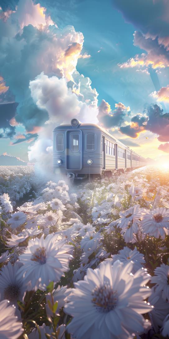 一列火车穿过一片白色的花田，以电影4d的渲染风格，雪景，动漫灵感