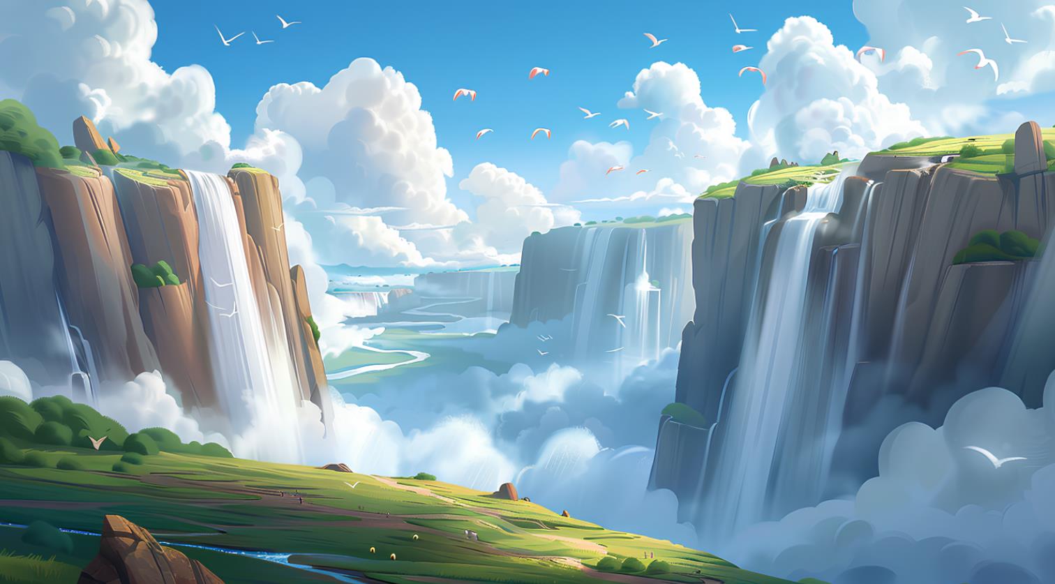 动漫风格的带瀑布的风之谷，以巨大的规模为风格，以自然为灵感的图像