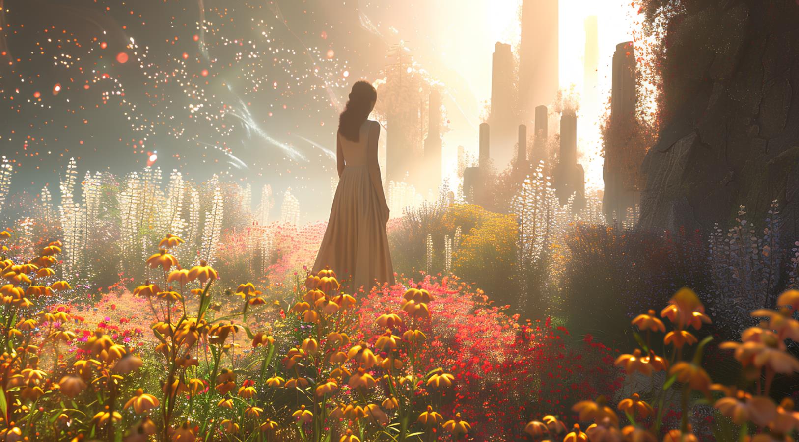 一个女孩站在花丛中，以超现实的3d风景