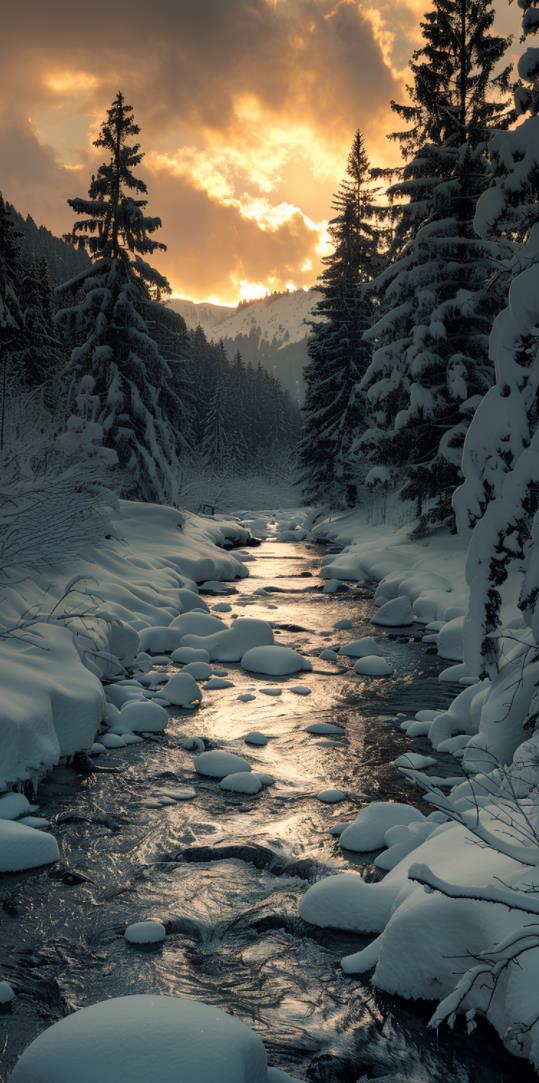 山谷中有一条白雪皑皑的小溪，以戏剧性的照明方式穿过