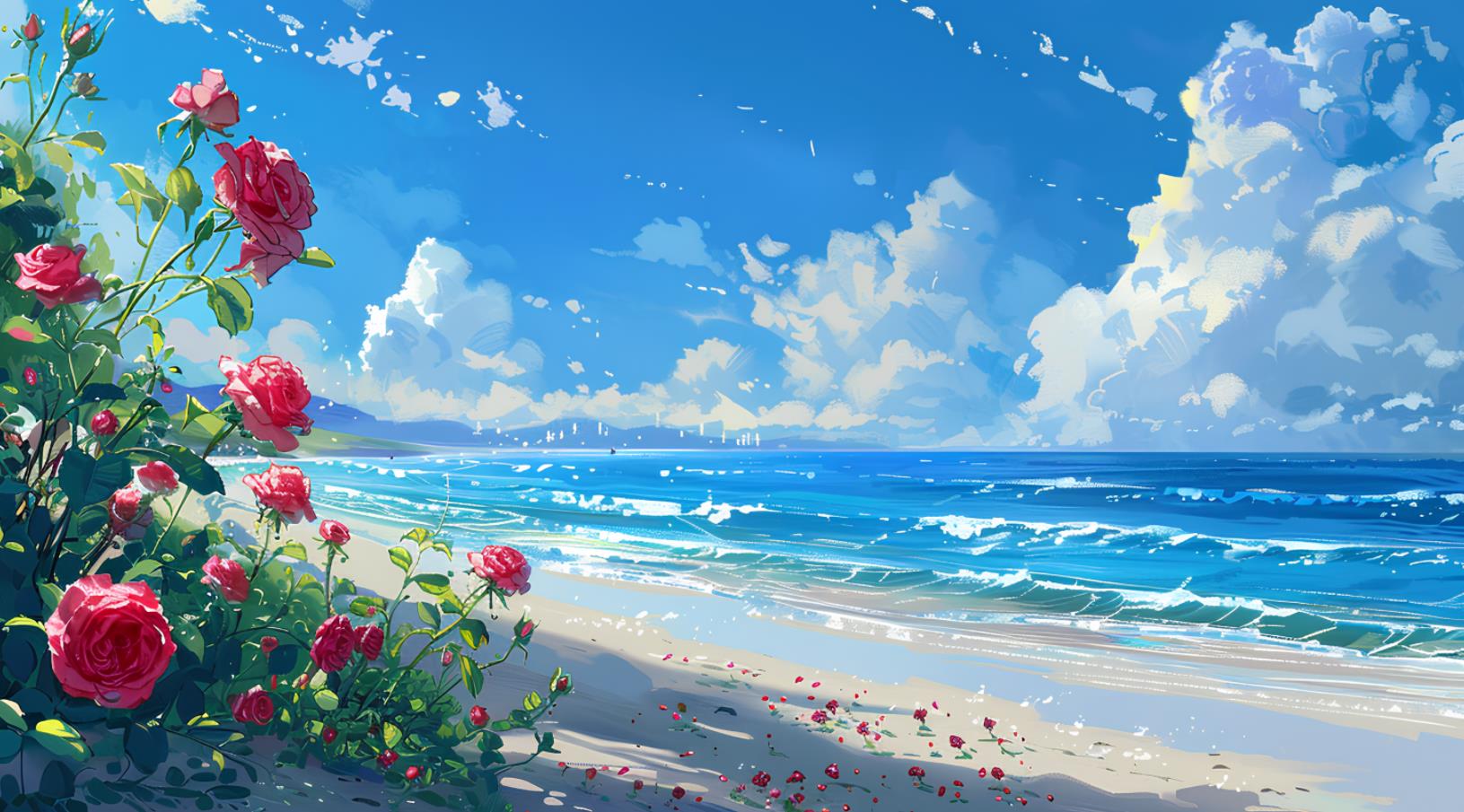 海边沙滩上的玫瑰花，浪漫插图的风格