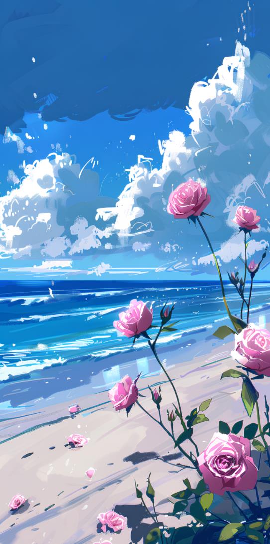 海边沙滩上的玫瑰花，浪漫插图的风格