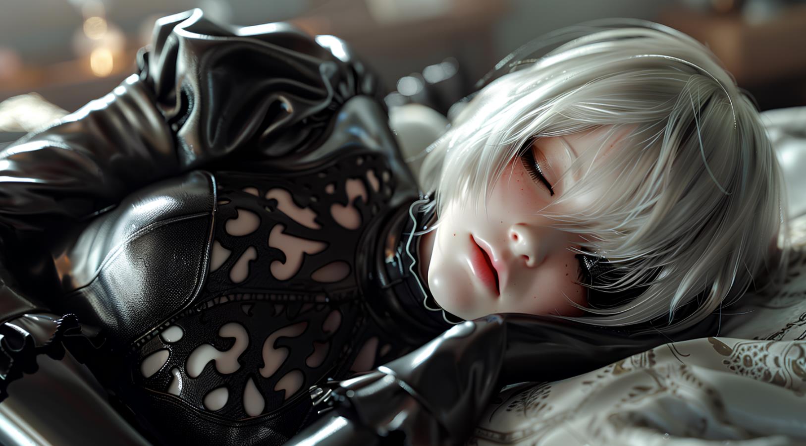 Automata穿着黑衣服，侧睡，仰着头，闭着眼睛，银色头发