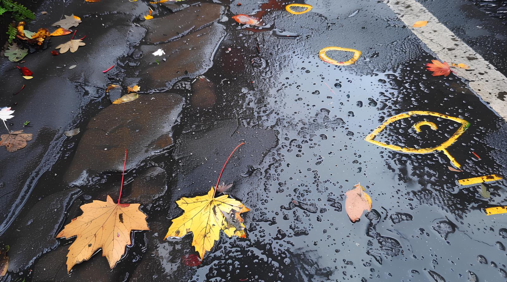 手机的俯视图，相机面朝下，拍摄到湿沥青上的两片黄色叶子