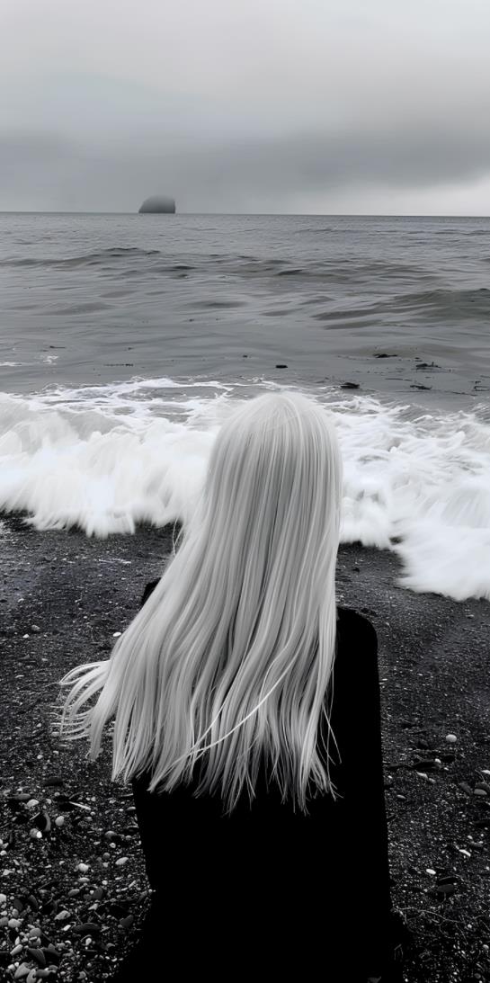 一个白发女孩站在海滩上，背对我们。她穿着黑色衣服