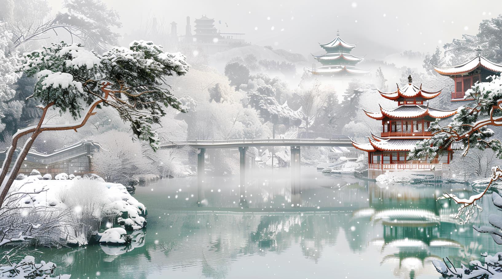 中国风，远处有亭台楼阁的大雪场景，白色背景的中国画风中的绿色水面