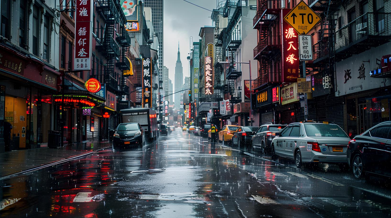 在一个阴天，纽约市唐人街的街道上，雨从上面落下来